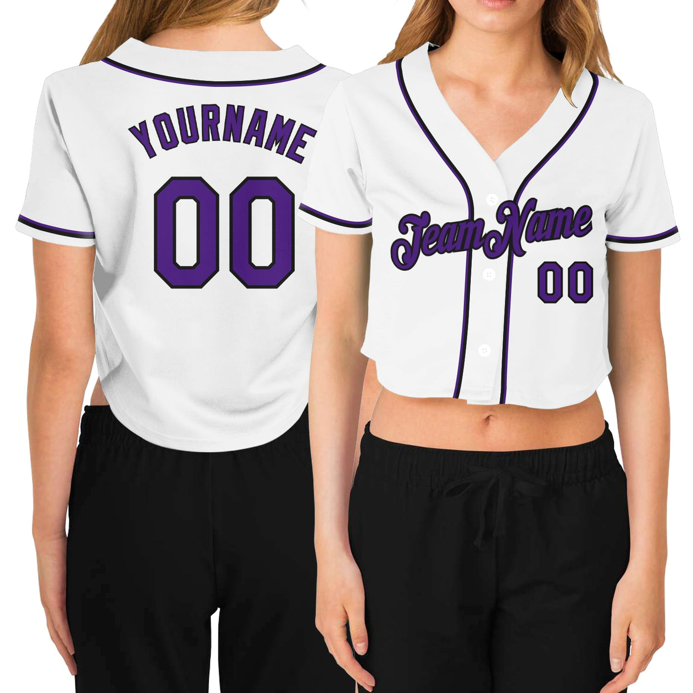 Custom Women's White Purple-Black V-Neck Cropped Baseball Jersey - Owls Matrix LTD