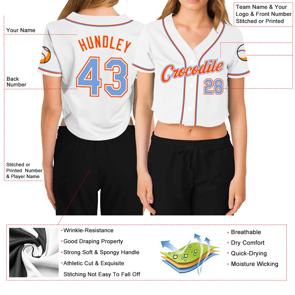 Custom Women's White Light Blue-Orange V-Neck Cropped Baseball Jersey - Owls Matrix LTD