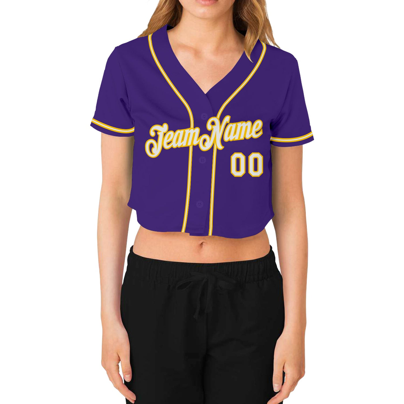 Custom Women's Purple White-Gold V-Neck Cropped Baseball Jersey - Owls Matrix LTD