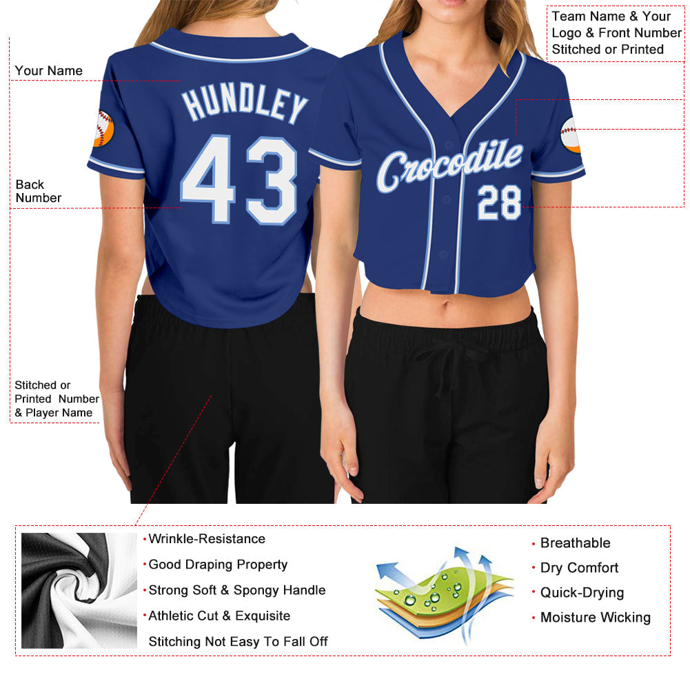 Custom Women's Royal White-Light Blue V-Neck Cropped Baseball Jersey - Owls Matrix LTD