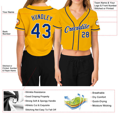 Custom Women's Gold Royal-White V-Neck Cropped Baseball Jersey - Owls Matrix LTD