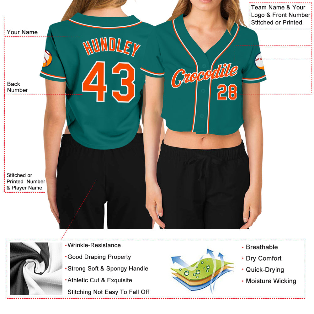 Custom Women's Aqua Orange-White V-Neck Cropped Baseball Jersey - Owls Matrix LTD