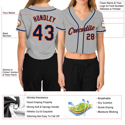 Custom Women's Gray Navy-Orange V-Neck Cropped Baseball Jersey - Owls Matrix LTD
