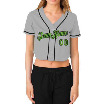 Custom Women's Gray Neon Green-Black V-Neck Cropped Baseball Jersey - Owls Matrix LTD