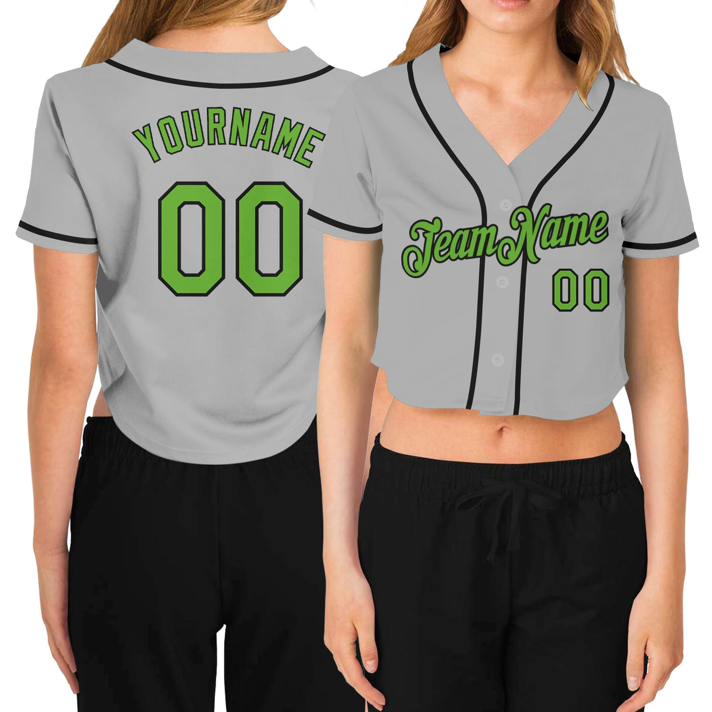 Custom Women's Gray Neon Green-Black V-Neck Cropped Baseball Jersey - Owls Matrix LTD