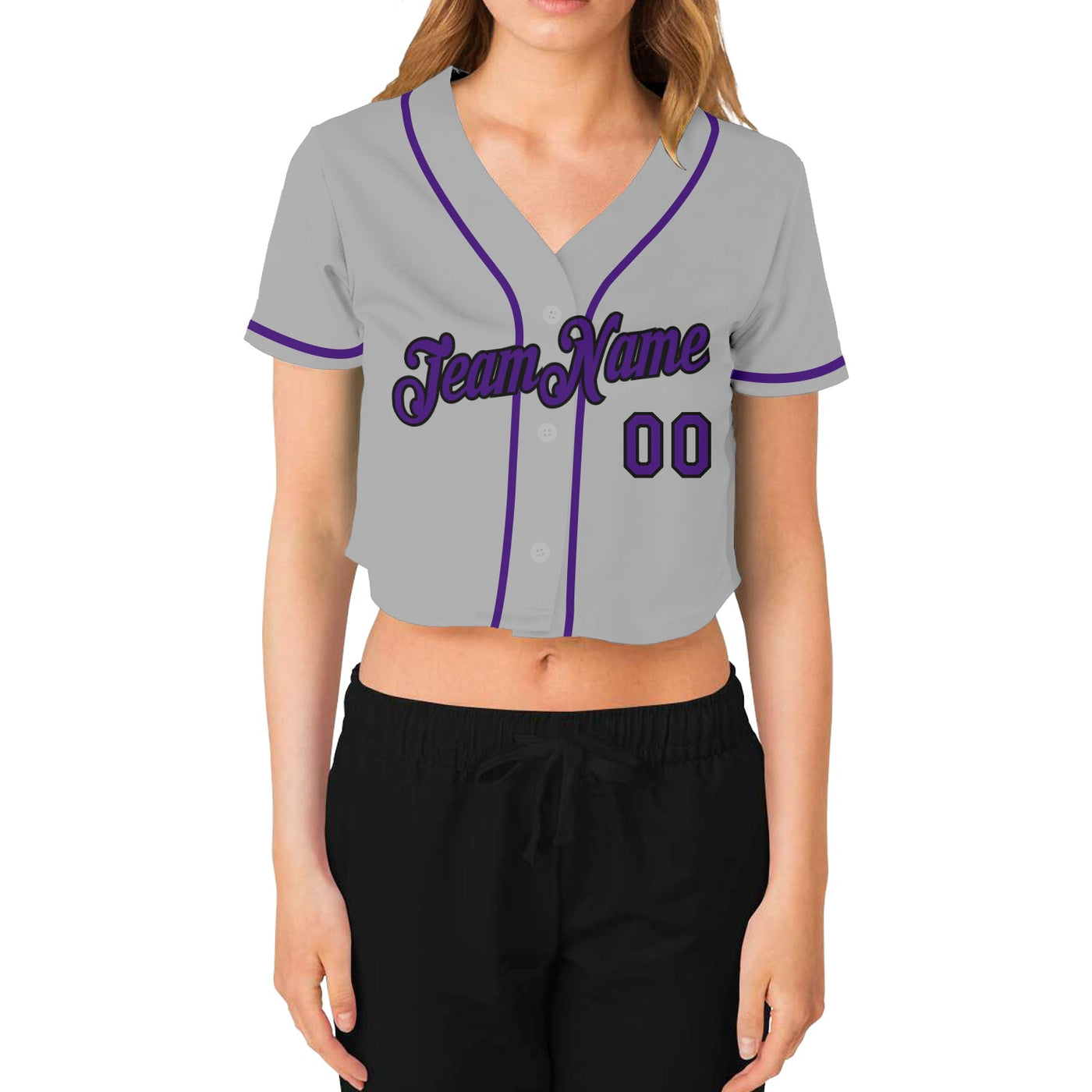 Custom Women's Gray Purple-Black V-Neck Cropped Baseball Jersey - Owls Matrix LTD