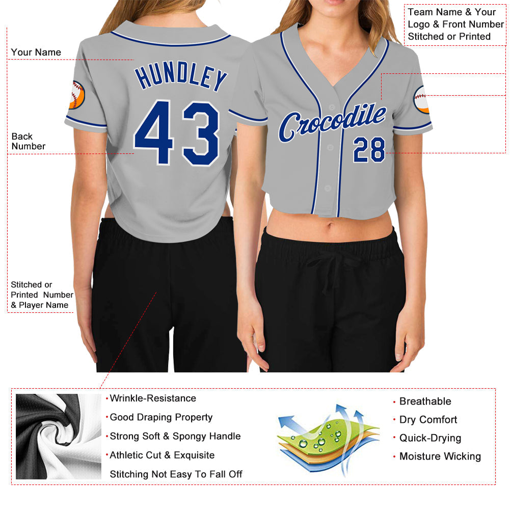 Custom Women's Gray Royal-White V-Neck Cropped Baseball Jersey - Owls Matrix LTD