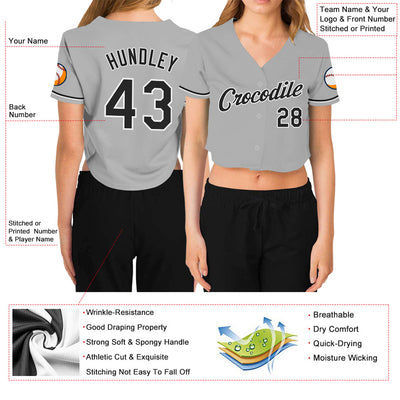 Custom Women's Gray Black-White V-Neck Cropped Baseball Jersey - Owls Matrix LTD