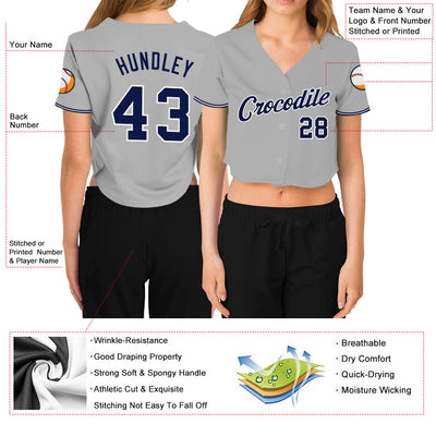 Custom Women's Gray Navy-White V-Neck Cropped Baseball Jersey - Owls Matrix LTD