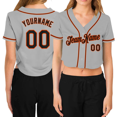 Custom Women's Gray Black-Orange V-Neck Cropped Baseball Jersey - Owls Matrix LTD