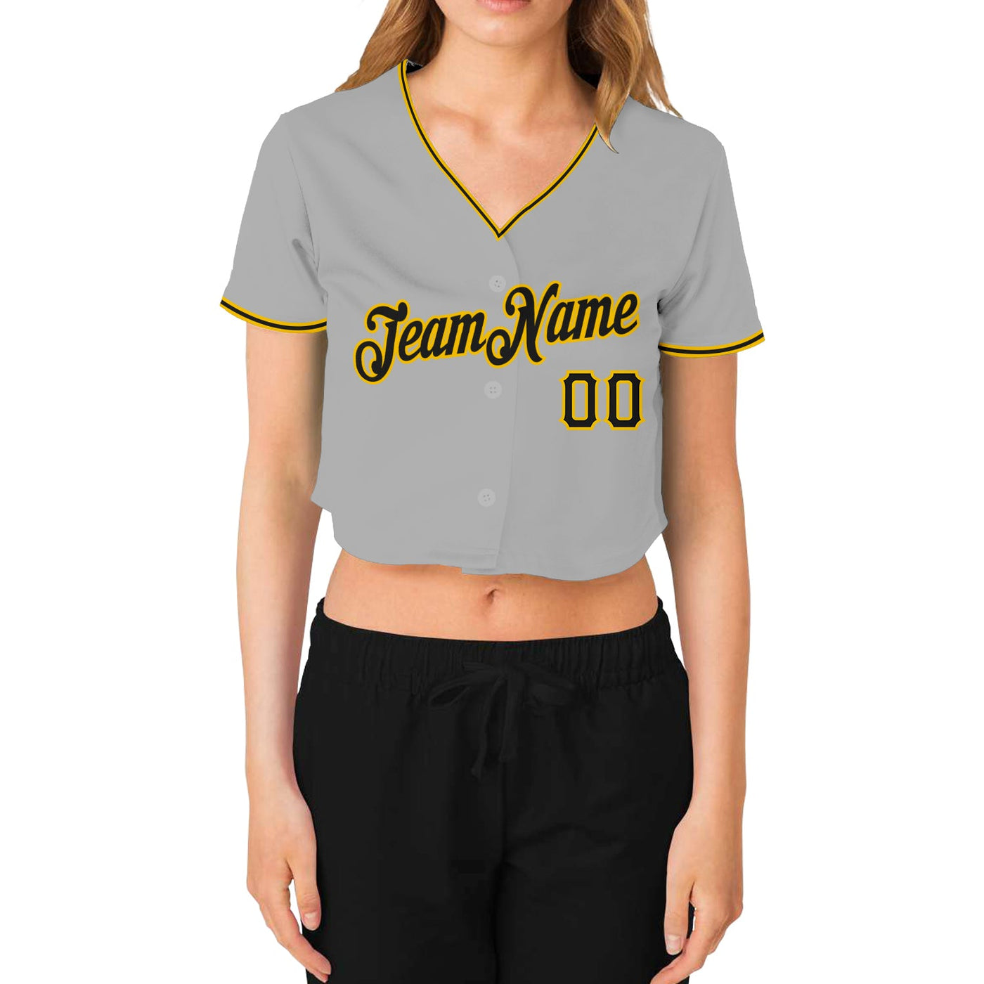 Custom Women's Gray Black-Gold V-Neck Cropped Baseball Jersey - Owls Matrix LTD