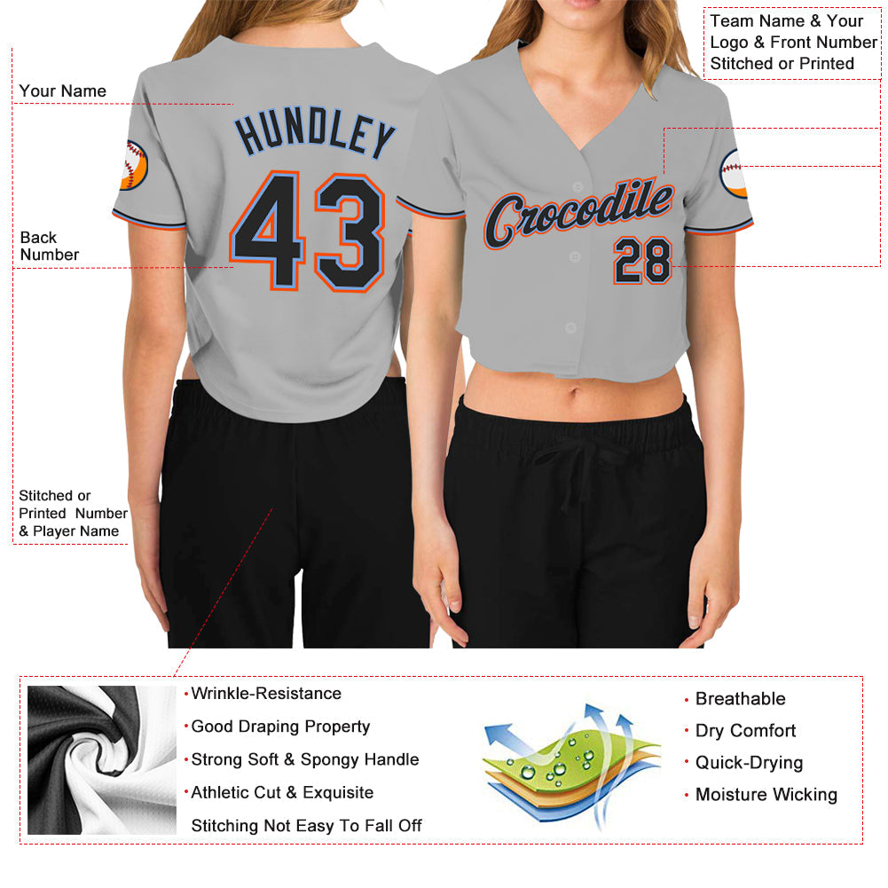 Custom Women's Gray Black Powder Blue-Orange V-Neck Cropped Baseball Jersey - Owls Matrix LTD
