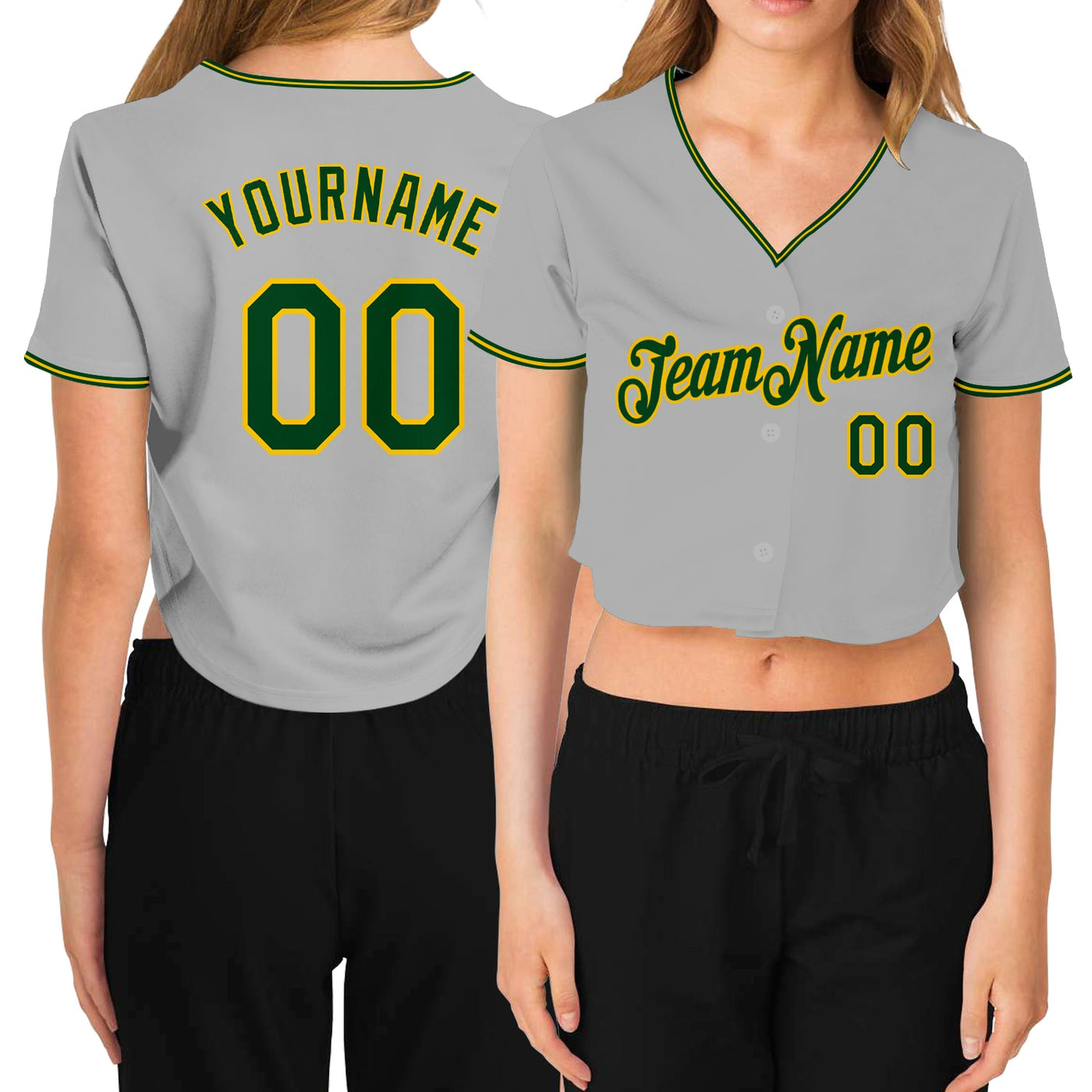 Custom Women's Gray Green-Gold V-Neck Cropped Baseball Jersey - Owls Matrix LTD