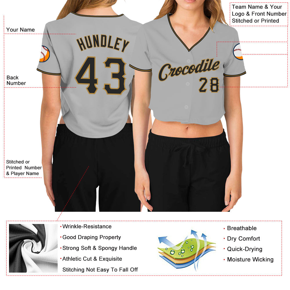 Custom Women's Gray Black-Old Gold V-Neck Cropped Baseball Jersey - Owls Matrix LTD