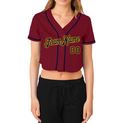 Custom Women's Crimson Navy-Gold V-Neck Cropped Baseball Jersey - Owls Matrix LTD
