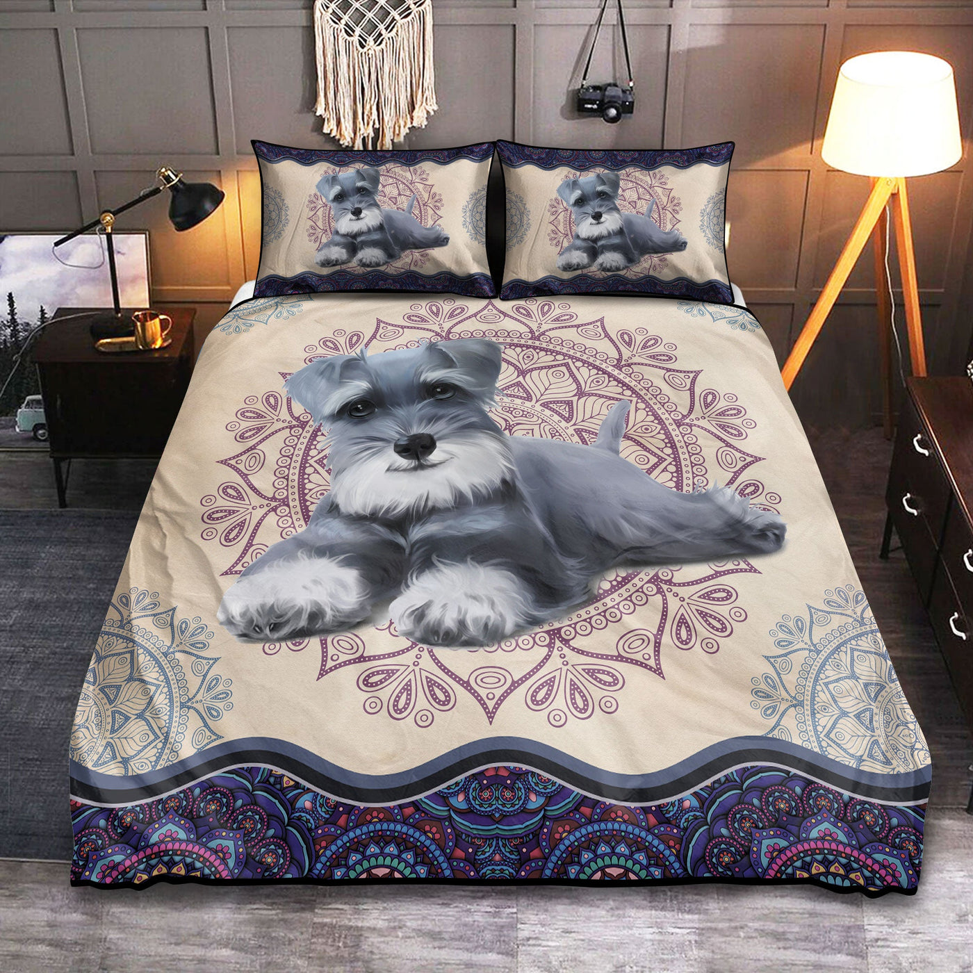 Miniature Schnauzer Dog Goodnight Mandala - Bedding Cover - Owls Matrix LTD