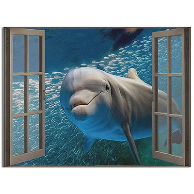 12x18 Inch Dolphin Hello Window Style Blue Sea - Horizontal Poster - Owls Matrix LTD