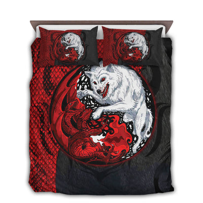 US / Twin (68" x 86") Dragon And Wolf Red And Black Style - Bedding Cover - Owls Matrix LTD