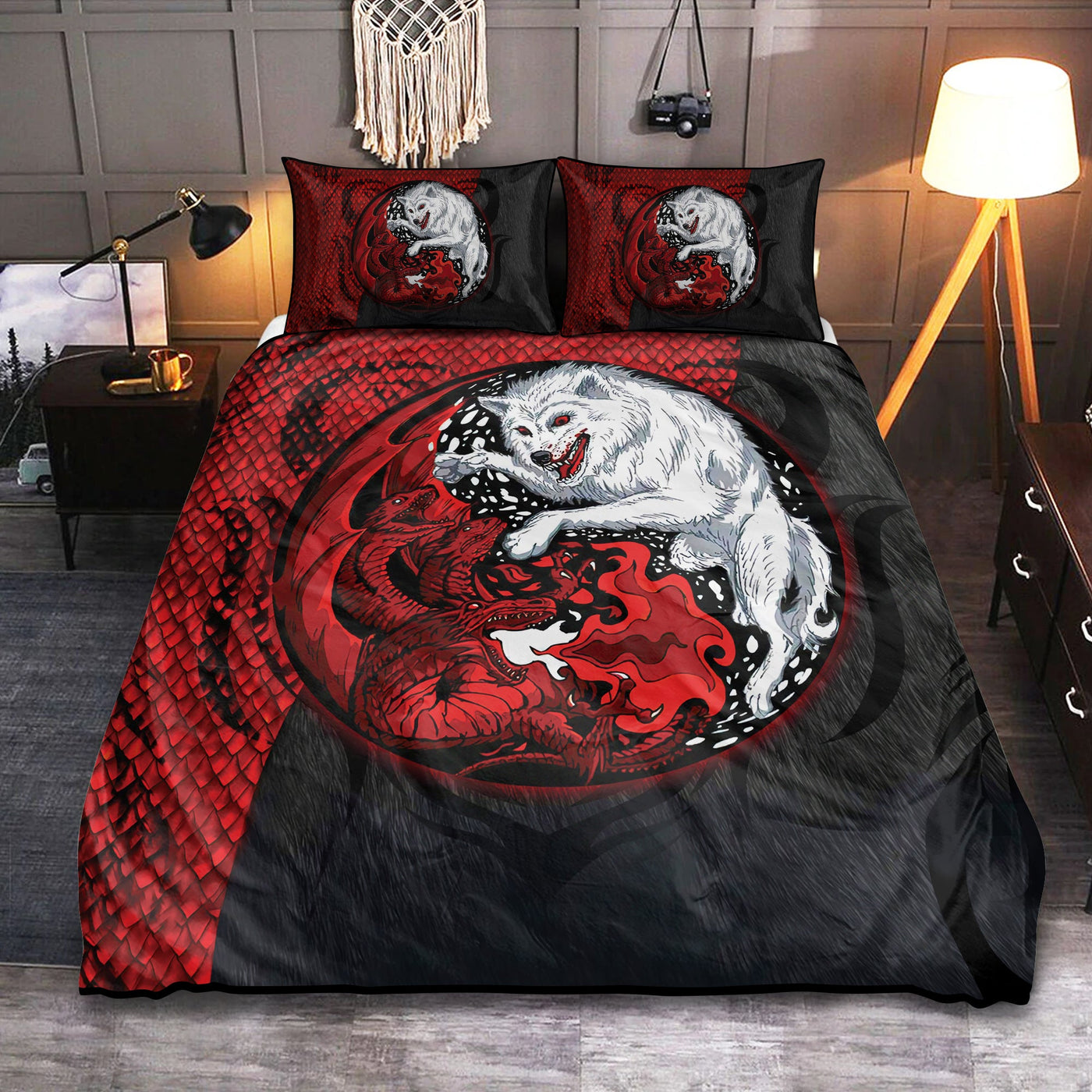 Dragon And Wolf Red And Black Style - Bedding Cover - Owls Matrix LTD