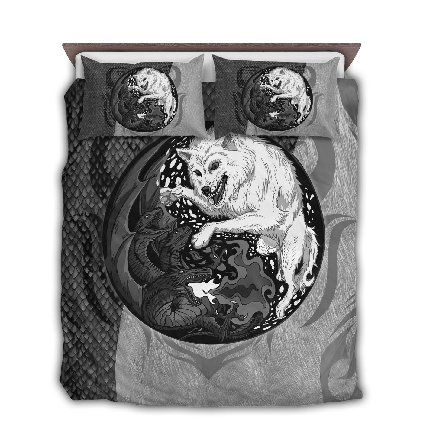 US / Twin (68" x 86") Dragon And Wolf Black And White Style - Bedding Cover - Owls Matrix LTD