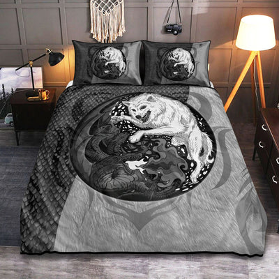 Dragon And Wolf Black And White Style - Bedding Cover - Owls Matrix LTD