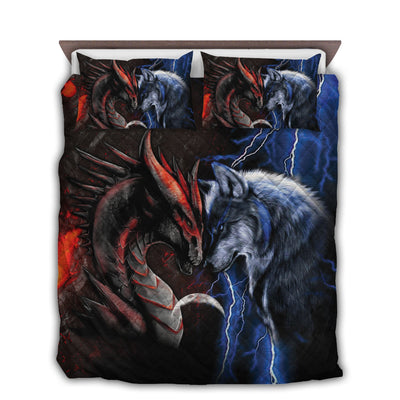 US / Twin (68" x 86") Dragon Red And Blue And Wolf Wer Amazing Style - Bedding Cover - Owls Matrix LTD