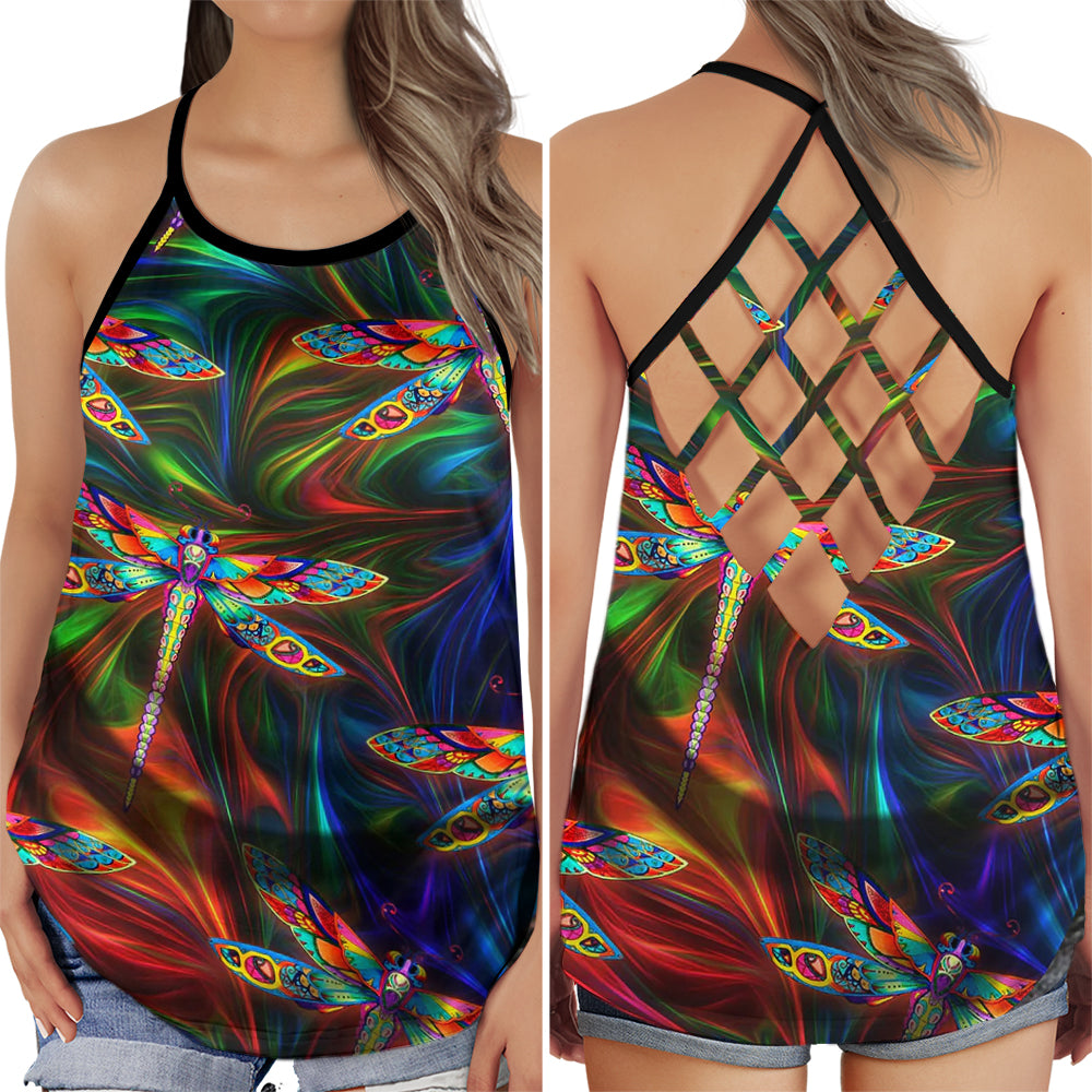 S Dragonfly Loves Sky Style With Colorful - Cross Open Back Tank Top - Owls Matrix LTD