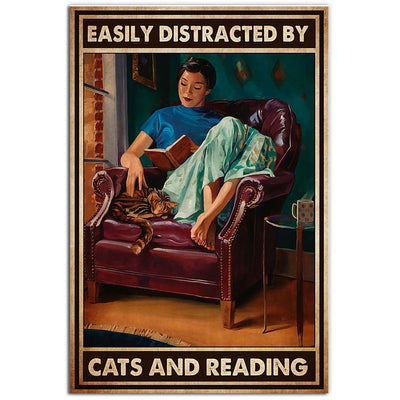 12x18 Inch Book Easily Distracted By Cats And Reading - Vertical Poster - Owls Matrix LTD