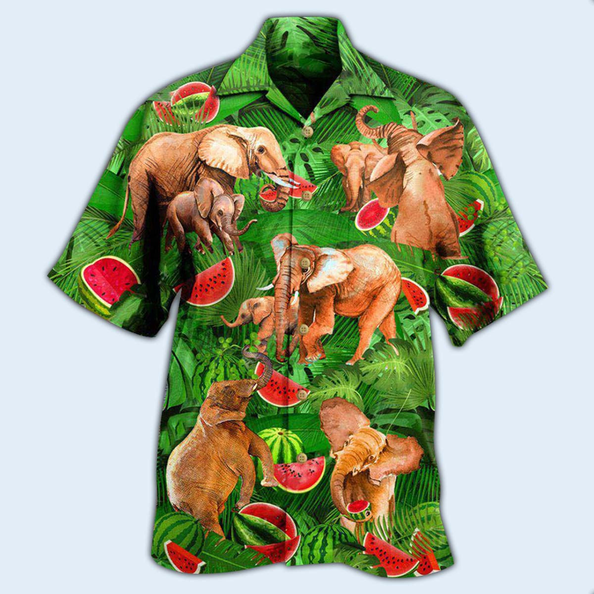 Elephant Funky Watermelon With Elephants Green Leaves - Hawaiian Shirt - Owls Matrix LTD