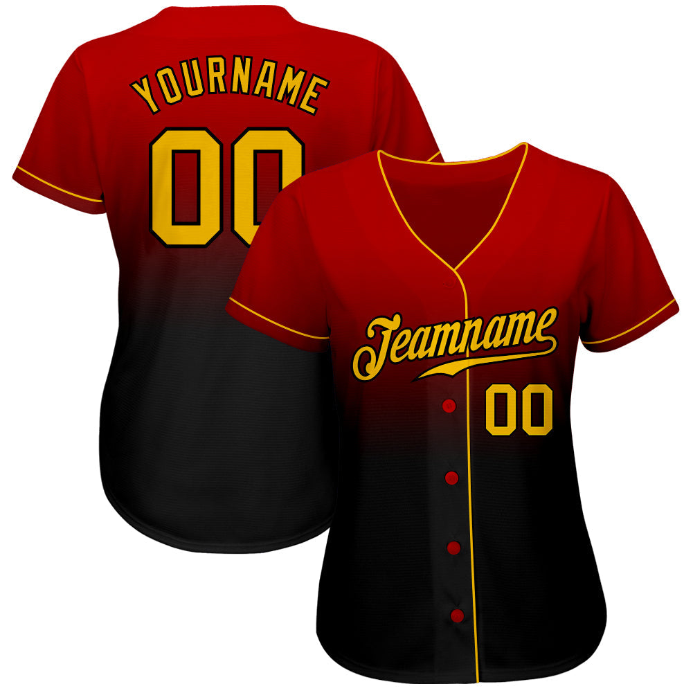 Custom Red Gold-Black Authentic Fade Fashion Baseball Jersey - Owls Matrix LTD