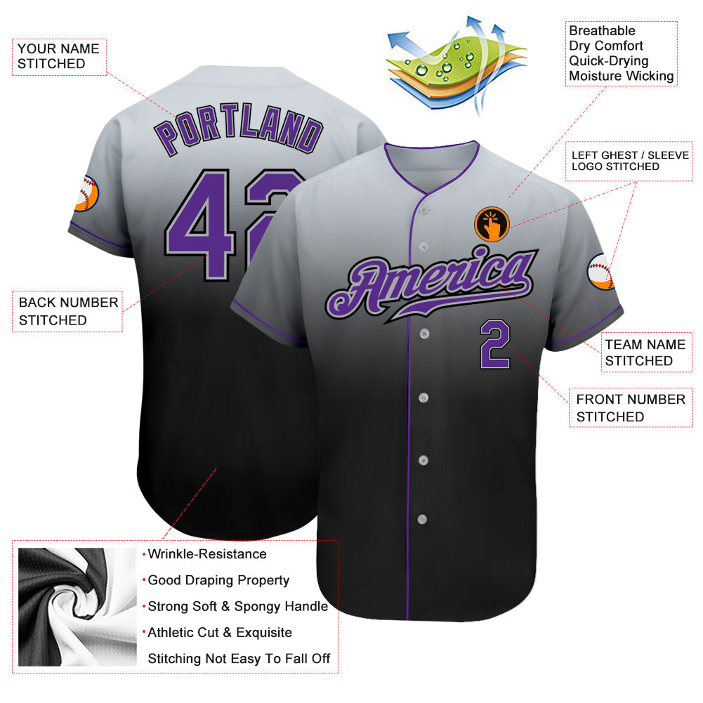 Custom Gray Purple-Black Authentic Fade Fashion Baseball Jersey - Owls Matrix LTD