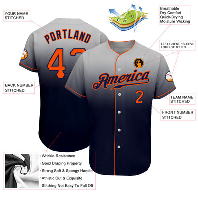 Custom Gray Orange-Navy Authentic Fade Fashion Baseball Jersey - Owls Matrix LTD