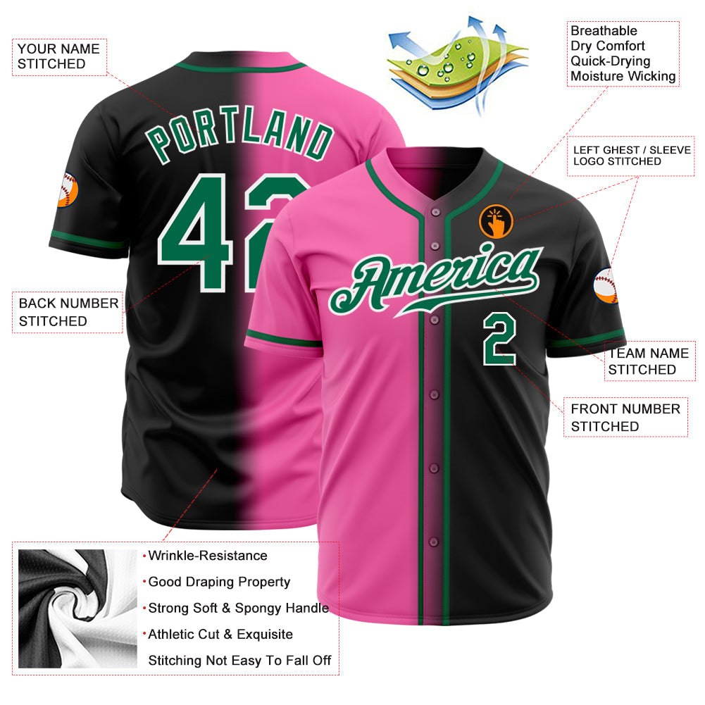 Custom Black Kelly Green Pink-White Authentic Fade Fashion Baseball Jersey