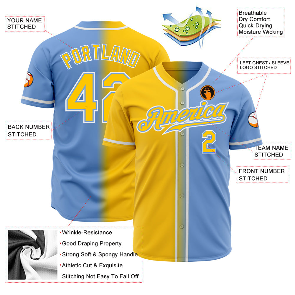 Custom Light Blue Gold-White Authentic Fade Fashion Baseball Jersey - Owls Matrix LTD