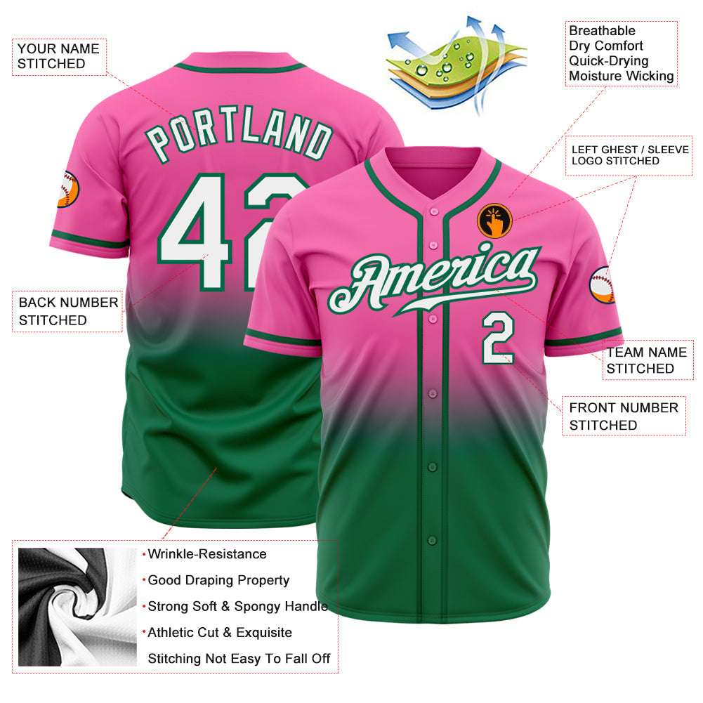 Custom Pink White-Kelly Green Authentic Fade Fashion Baseball Jersey - Owls Matrix LTD