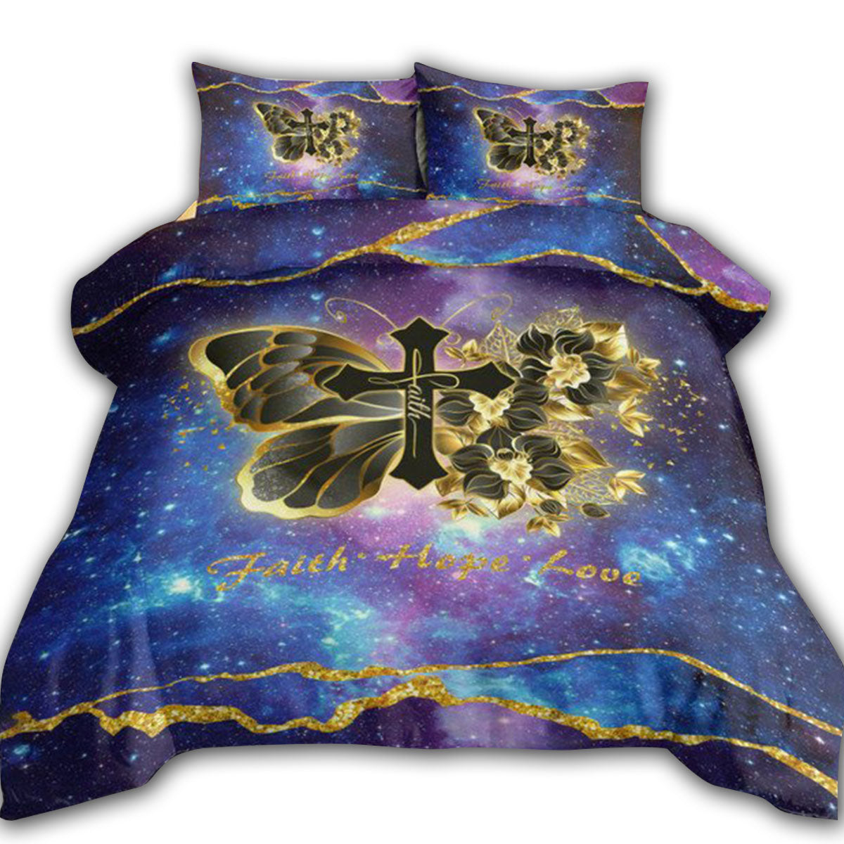 US / Twin (68" x 86") God Butterfly Faith Cross Gold Flower Butterfly Christian Galaxy - Bedding Cover - Owls Matrix LTD