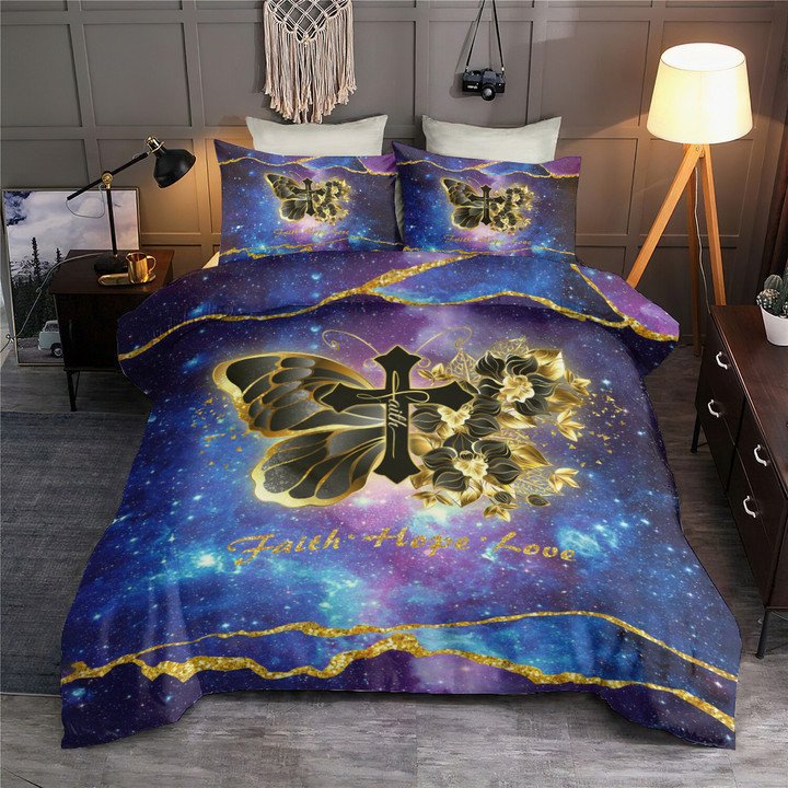God Butterfly Faith Cross Gold Flower Butterfly Christian Galaxy - Bedding Cover - Owls Matrix LTD
