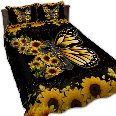 TWIN ( 50 x 60 INCH ) Jesus Faith Christ Butterfly Sunflower - Quilt Set - Owls Matrix LTD