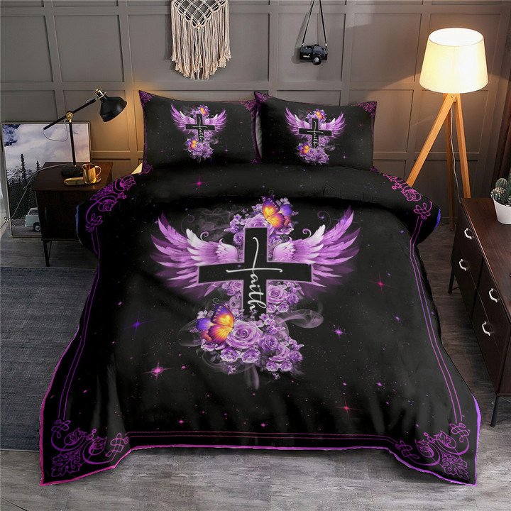 Jesus Faith Rose Butterfly Purple Christian - Bedding Cover - Owls Matrix LTD