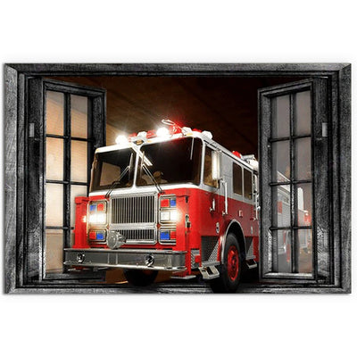 12x18 Inch Firefighter Fire Truck Window View - Horizontal Poster - Owls Matrix LTD