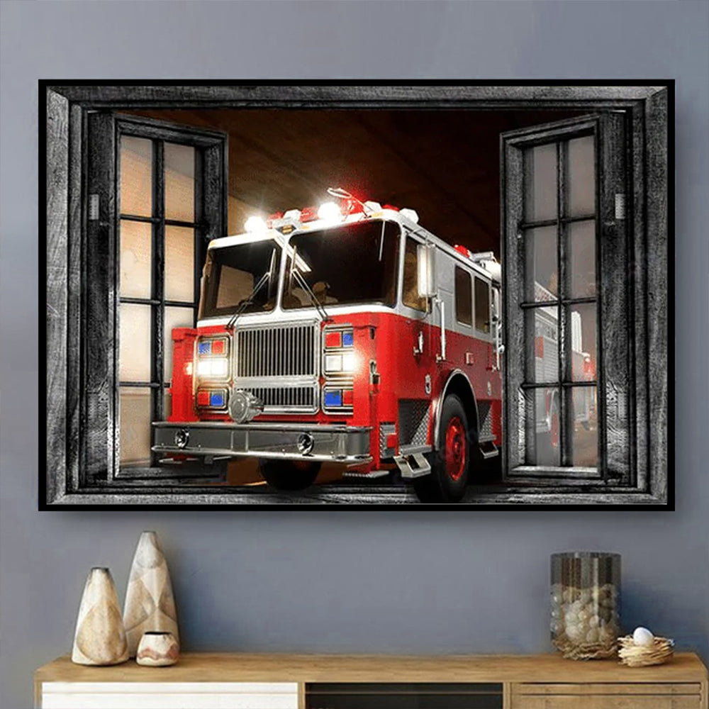 Firefighter Fire Truck Window View - Horizontal Poster - Owls Matrix LTD