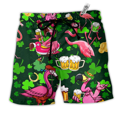 Beach Short / Adults / S Flamingos Drink Beer Patricks Day Pattern - Beach Short - Owls Matrix LTD