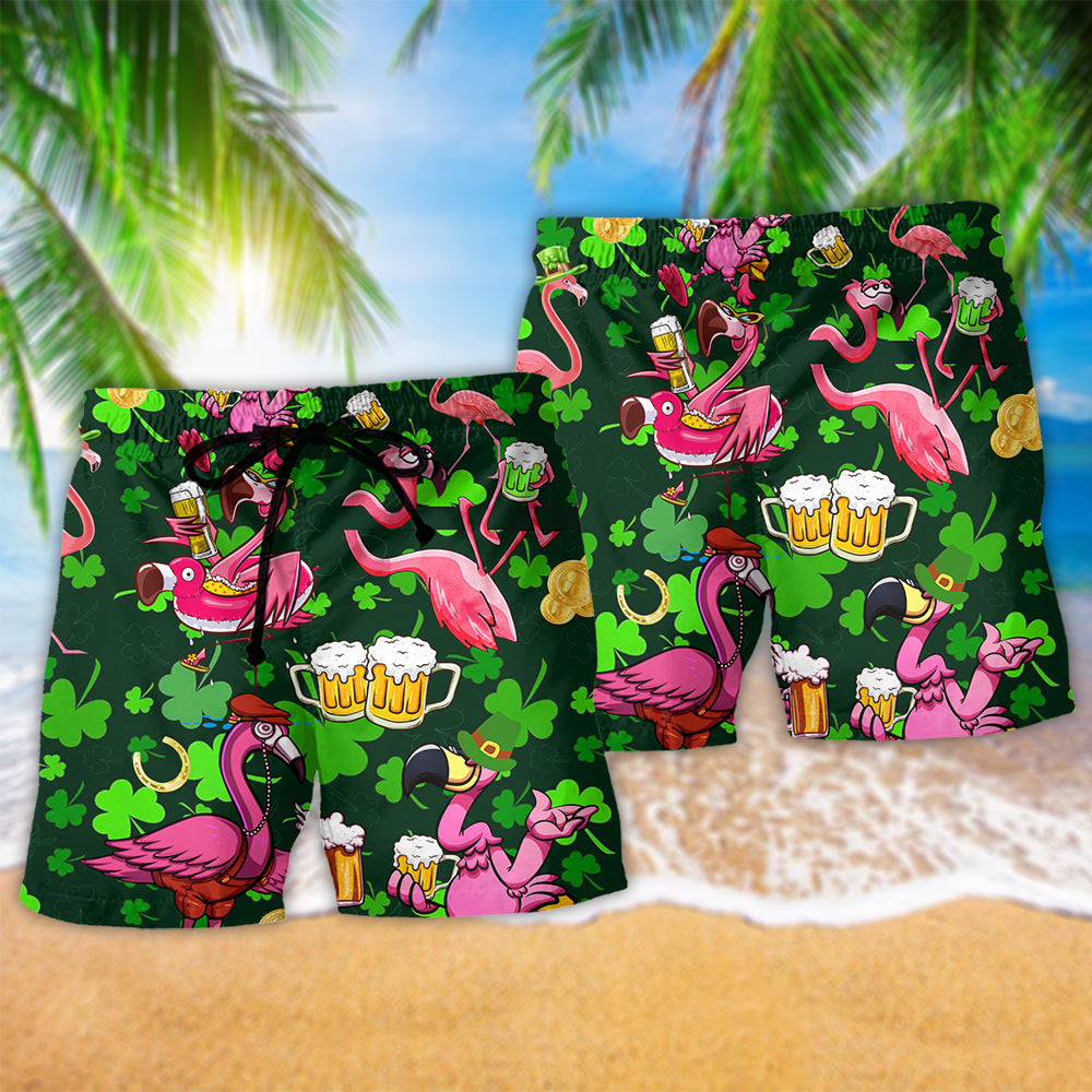 Flamingos Drink Beer Patricks Day Pattern - Beach Short - Owls Matrix LTD