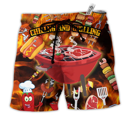 Beach Short / Adults / S Food Chilling and Grilling BBQ Party Red Style - Beach Short - Owls Matrix LTD