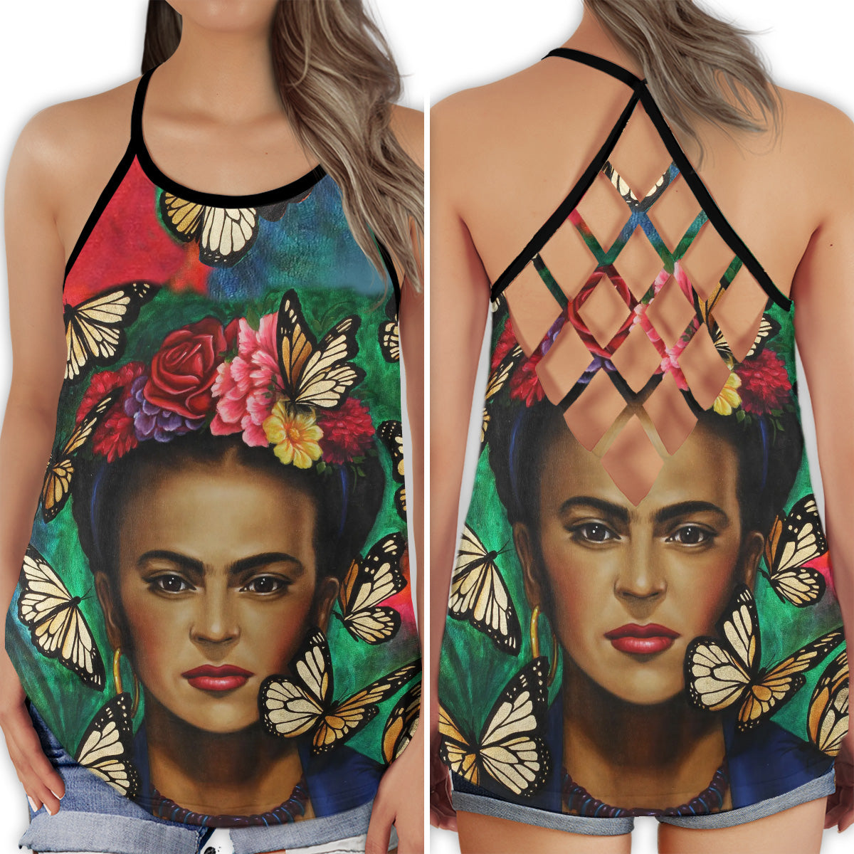 S Frida Kahlo Loves Peace Life Butterfly - Cross Open Back Tank Top - Owls Matrix LTD