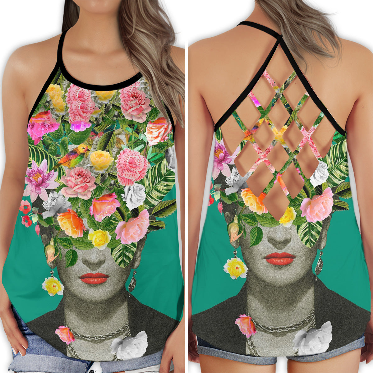S Frida Kahlo Floral Green Style - Cross Open Back Tank Top - Owls Matrix LTD