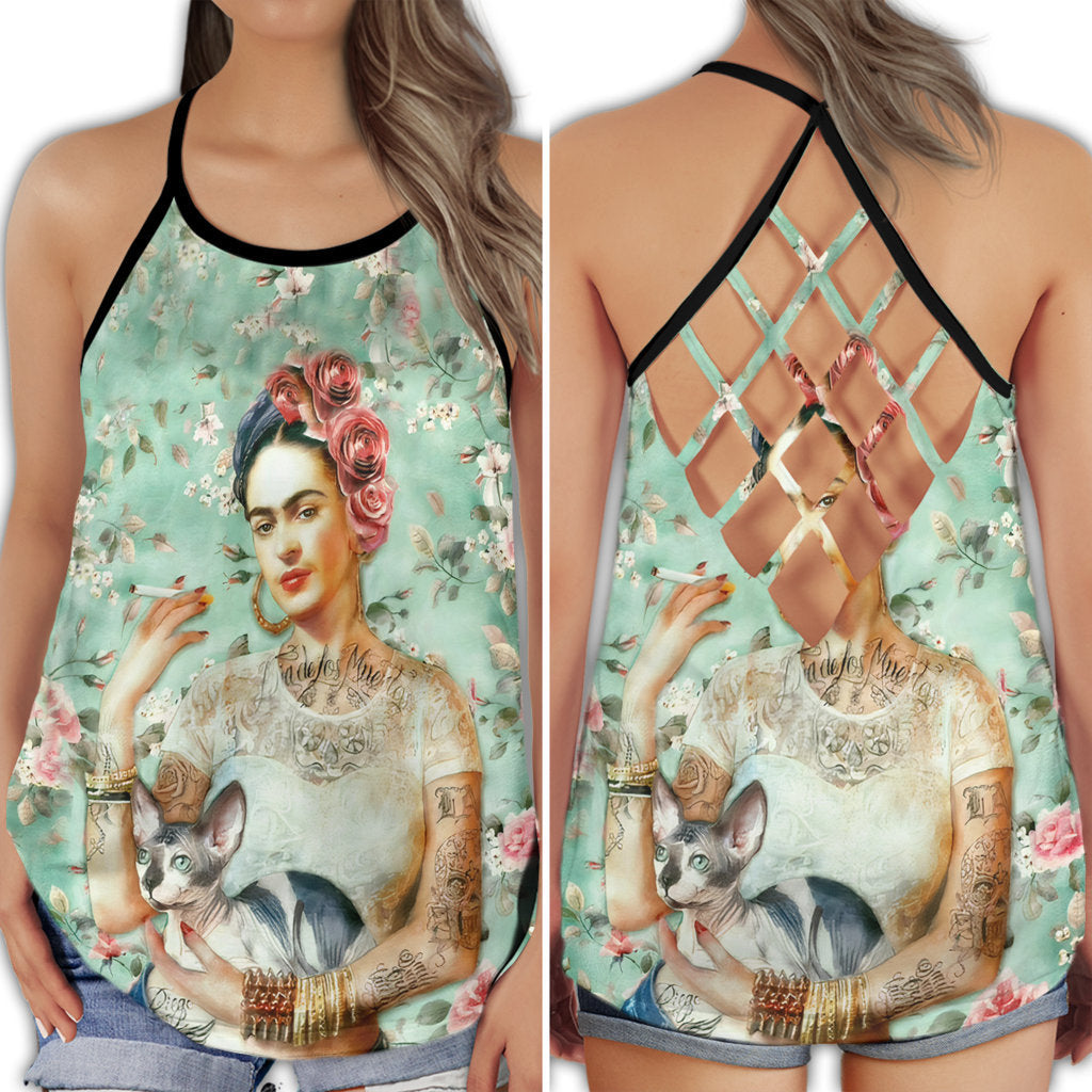 S Frida Kahlo Loves Peace Life With Girl Style - Cross Open Back Tank Top - Owls Matrix LTD