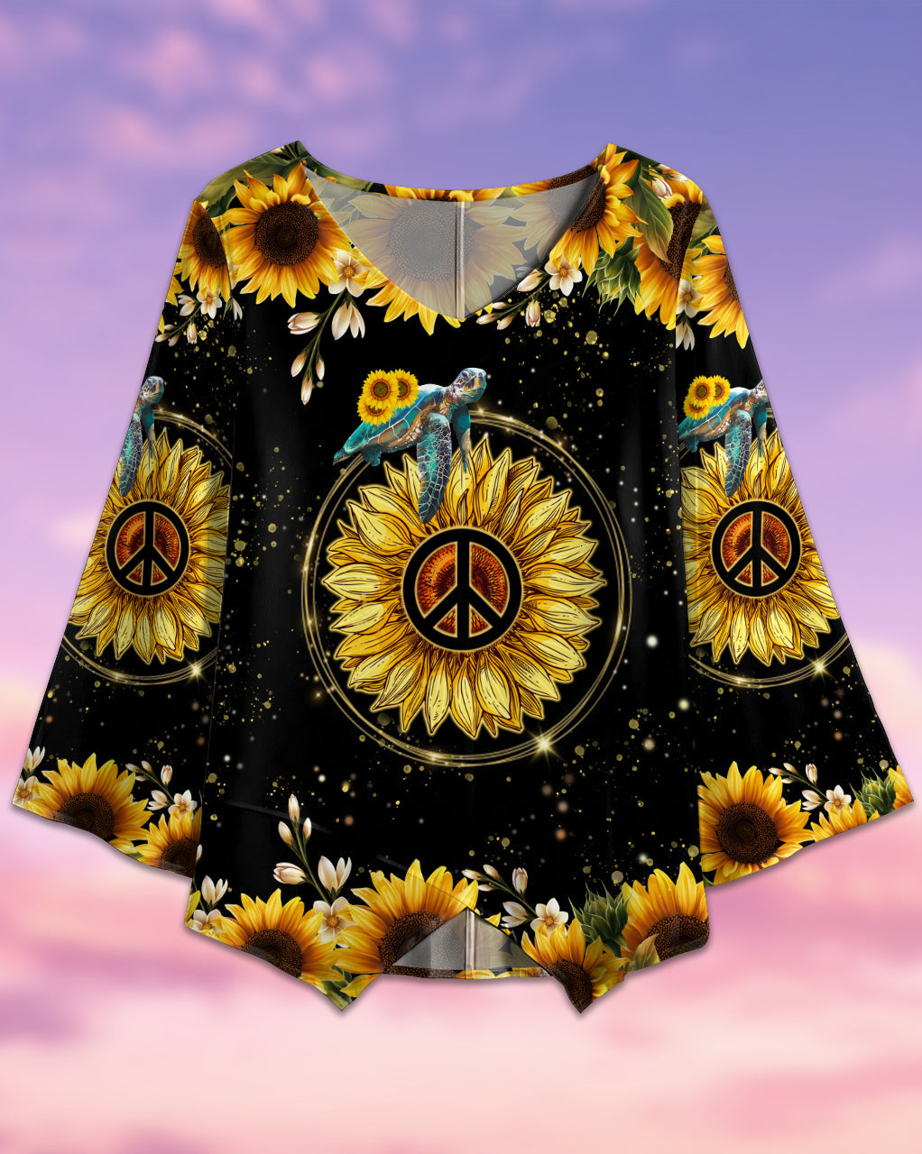 Hippie Turtle Sunflower Love Hippie Style - V-neck T-shirt - Owls Matrix LTD