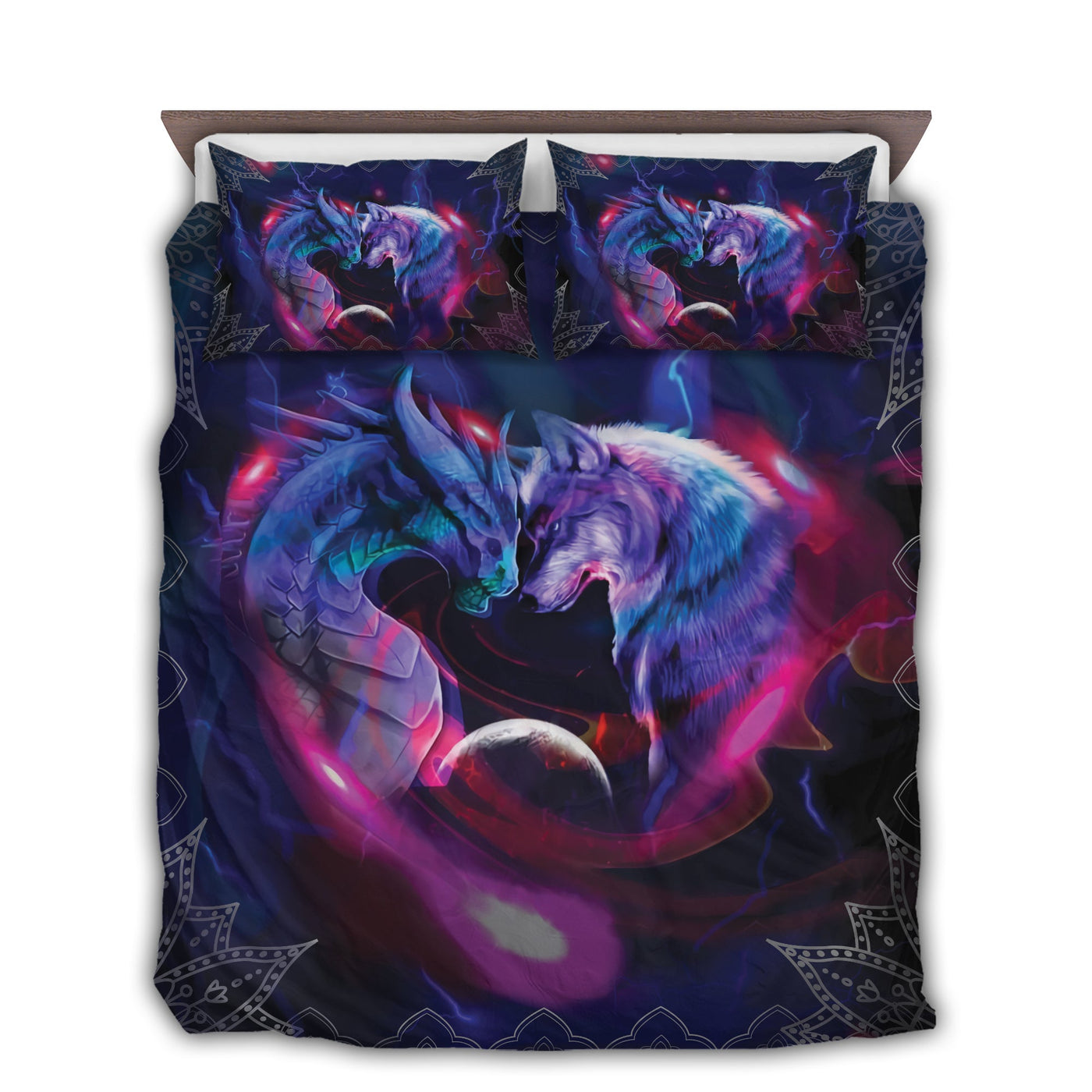US / Twin (68" x 86") Dragon And Wolf Galaxy Fight - Bedding Cover - Owls Matrix LTD