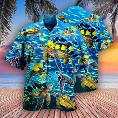 Turtle Go With The Flow Turtles And Fish Blue Ocean - Hawaiian Shirt - Owls Matrix LTD
